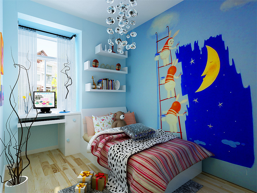 儿童房墙面是蓝色乳胶漆,体现欢快活泼