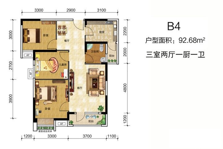 王家湾中央生活区-三居室-田园风格