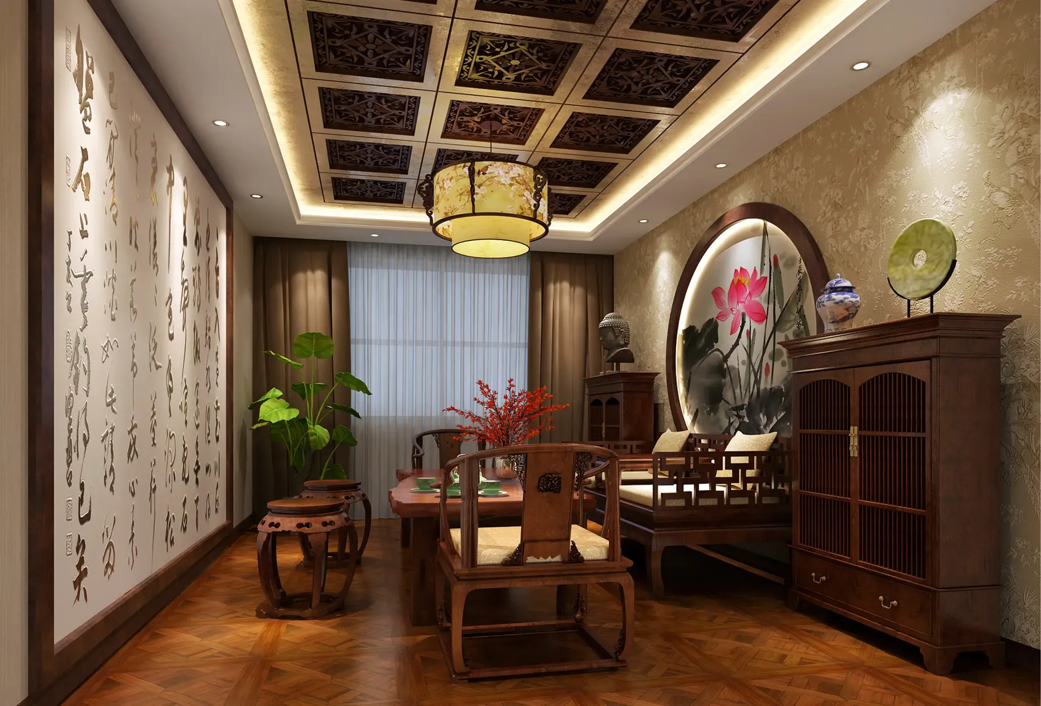 红木的家具搭配木质吊顶,相得益彰圆顶造型柔和了中式的棱角红木的