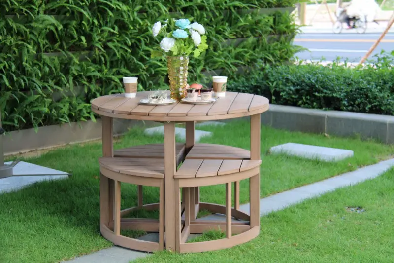 室外阳台原木色餐桌椅,中式简约休闲桌椅,馨宁居户外桌椅120002【报价