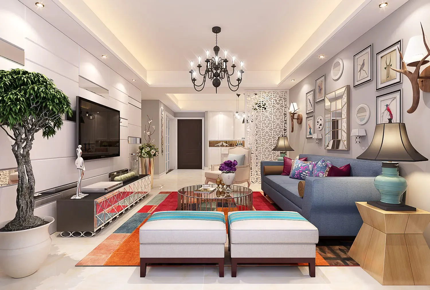 琥珀五环城95平方混搭风格装修效果图