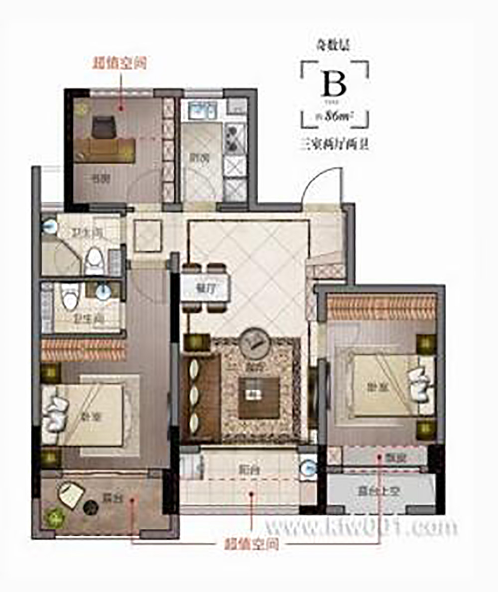 万泰城章3室2厅109平米清新风格