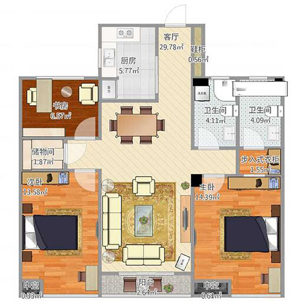 3室2厅120平米中式风格