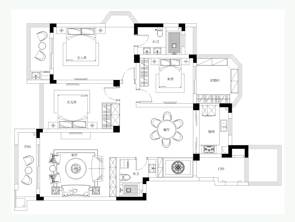 康诗丹郡146㎡三室两厅简约中式风格案例
