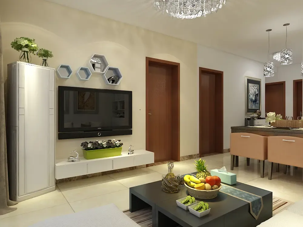 客厅影视墙采用黄色的乳胶漆调色,暖暖的很舒服餐厅简约的设计加上