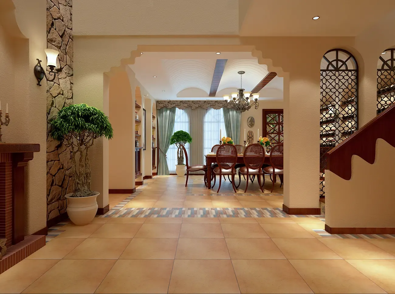 西班牙风格四居室225平米40万-卡梅尔别墅装修案例-天津房天下家居