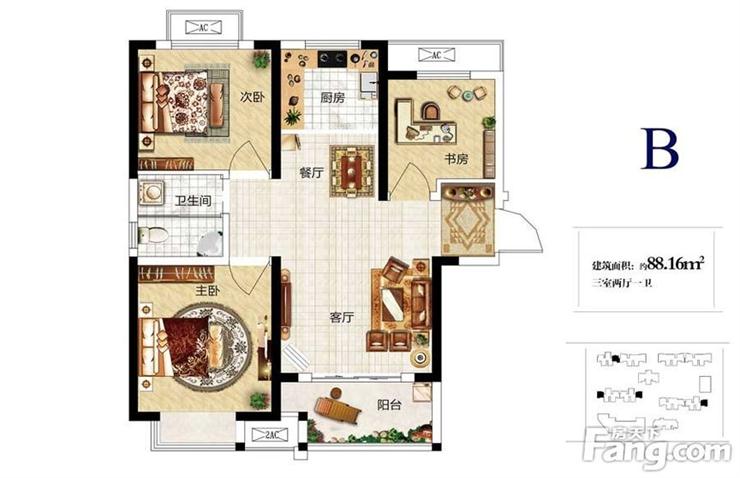 橄榄城润泽园b户型88㎡三室两厅装修效果图