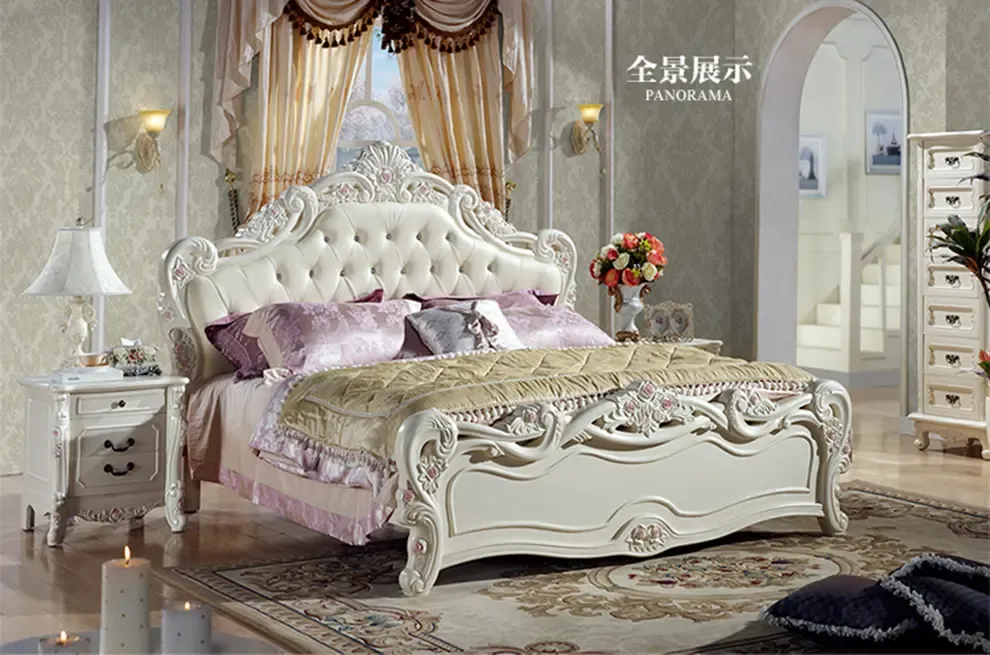 美乐乐家具 欧式田园松木公主床真皮床 头层皮软包实木床 雕花双人床