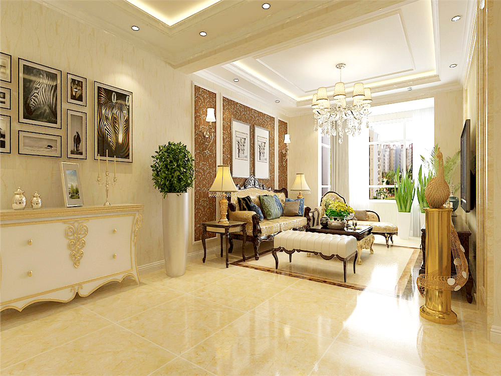 客厅采用米黄色理石纹理瓷砖,看起来高贵,典雅,简约的石膏边棚搭配上