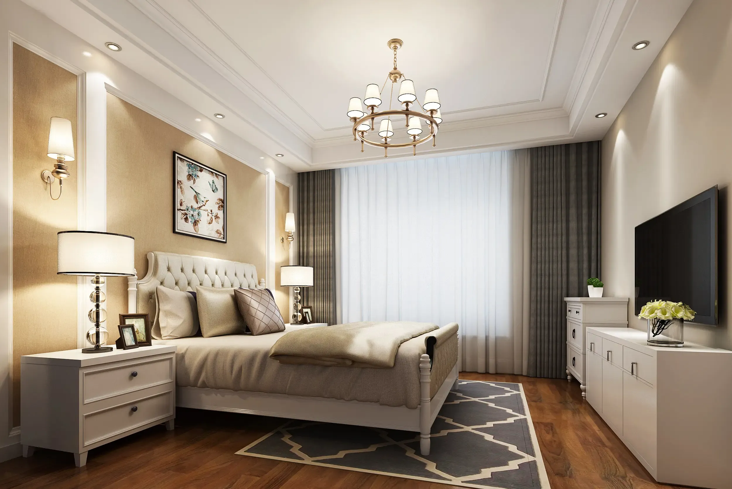 客厅一般以暖色为主色调,充满美式元素的客厅吊顶让空间显得更加华贵