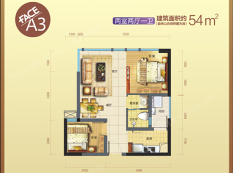 蓝润V客东都-两室两厅54平米-台式风格
