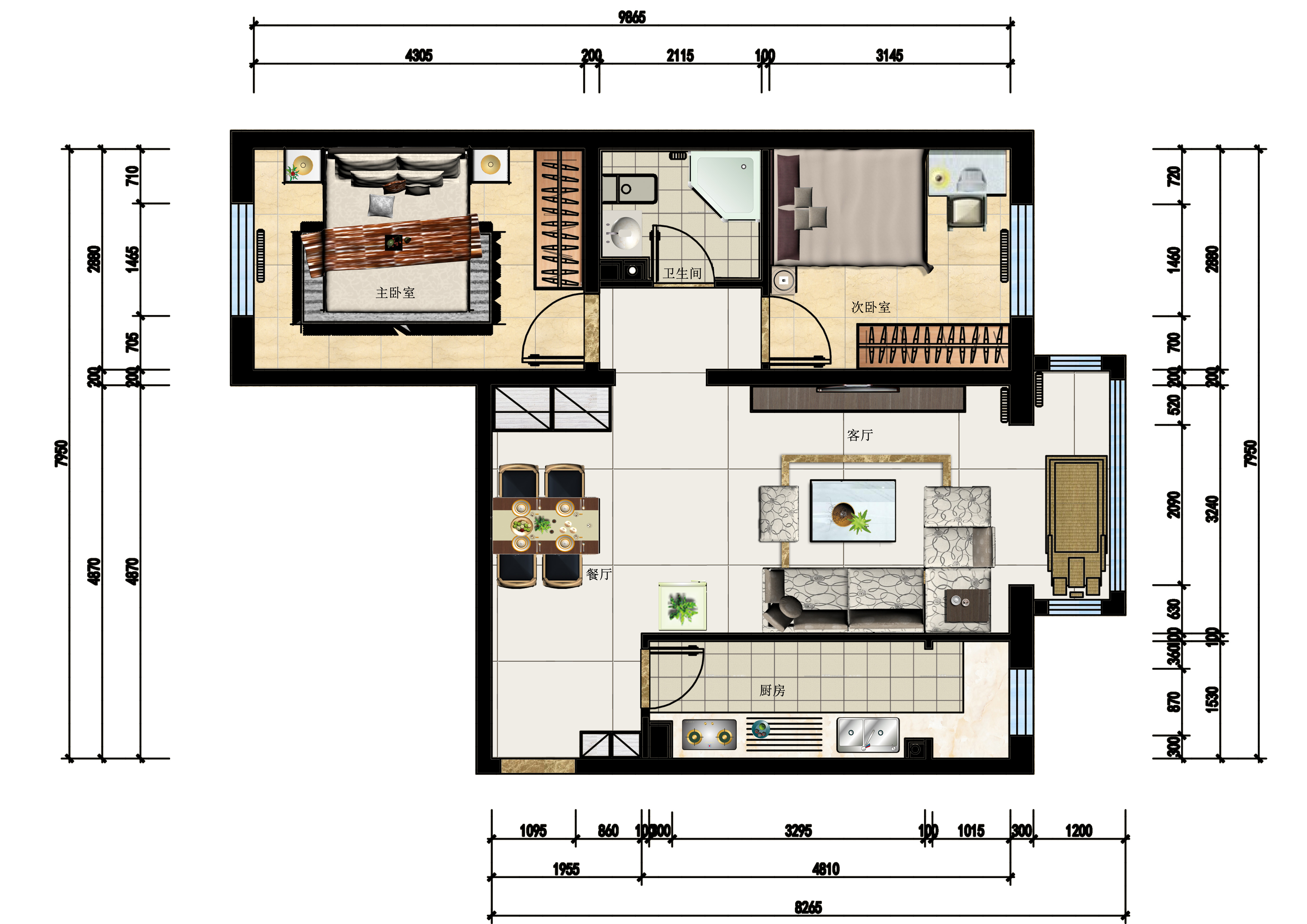 丰台区金第润苑66平米两居室现代简约设计案例
