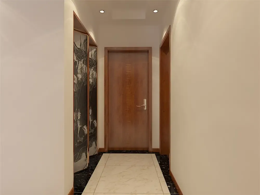 地面采用300*300防滑砖正铺;入户玄 关采用石膏板吊回形顶,给人一种延