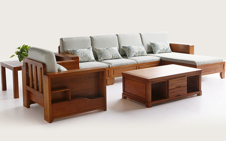 实木沙发组合新中式现代全水曲柳家具客厅多功能木质转角布艺沙发
