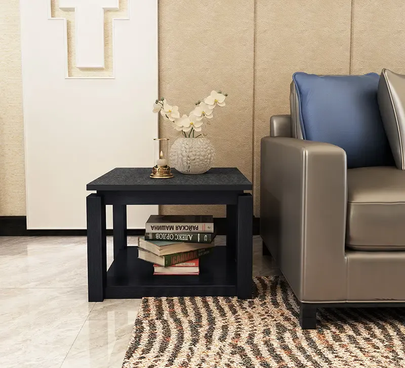 黑色沙发边几角几客厅玄武石大理石方几实木火烧石小茶几现代简约
