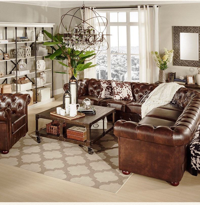 美式真皮沙发三人复古油蜡皮沙发设计师拉扣沙发网咖沙发123组合