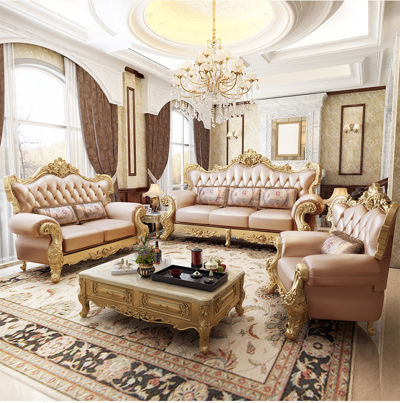 天秤座欧式真皮沙发贵族金美式实木沙发组合大户型雕花客厅家