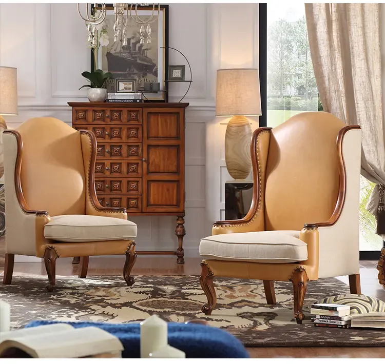 荣麟梧桐法式皮布沙发头层牛皮实木单人客厅沙发组合小户型v258