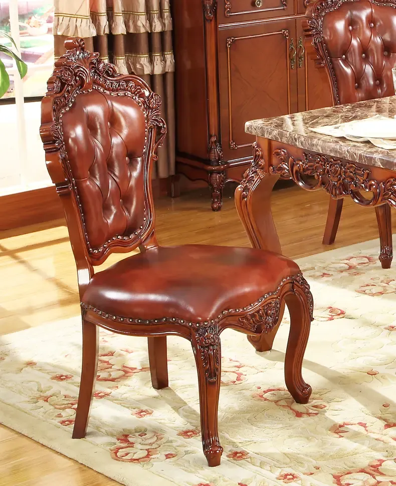 欧式餐椅高档豪华双面雕花头层牛皮椅子全实木真皮拉扣椅子整装