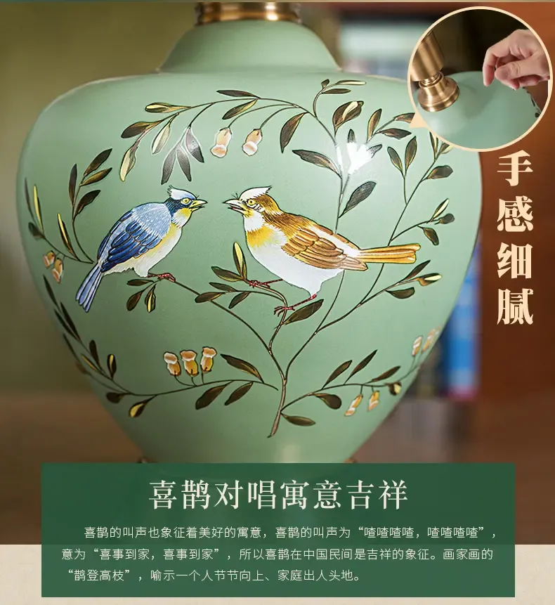 冠雅台灯卧室床头灯中式复古全铜绿色陶瓷台灯书房装饰灯 e137大号 配