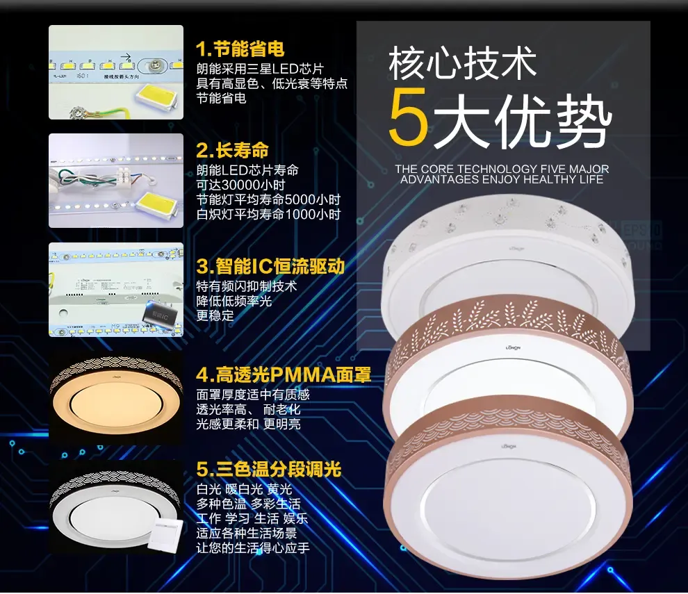 朗能led吸顶灯 圆形卧室灯具灯饰 三色温分段调光 50*11cm 麦浪 36w