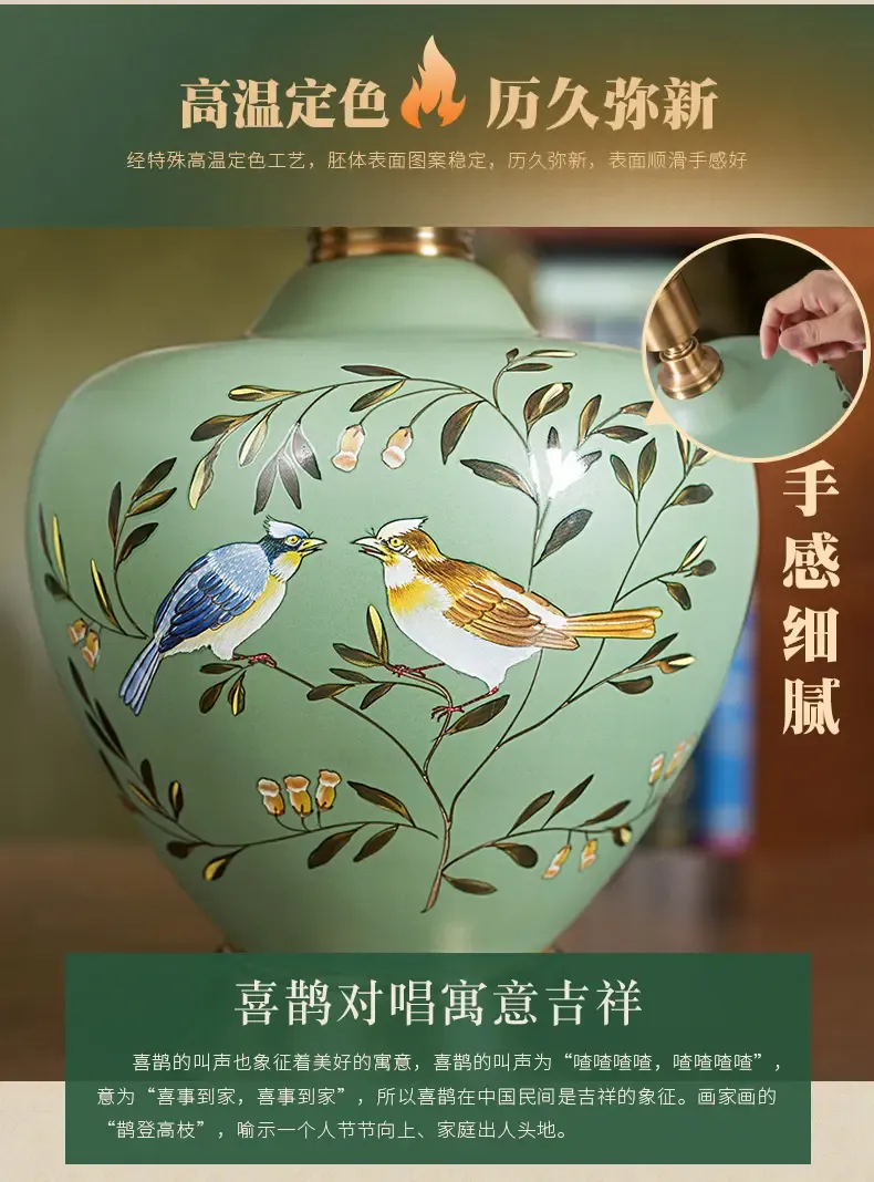 冠雅 美式台灯全铜陶瓷灯具 客厅书房卧室床头现代田园创意彩绘花鸟