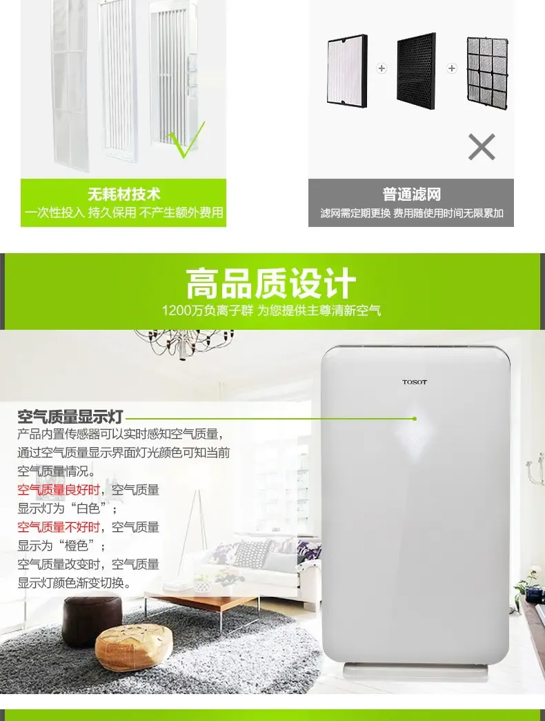 大松(tosot) kj200f-a01空气净化器家用卧室静音无耗材款清洁机除雾霾
