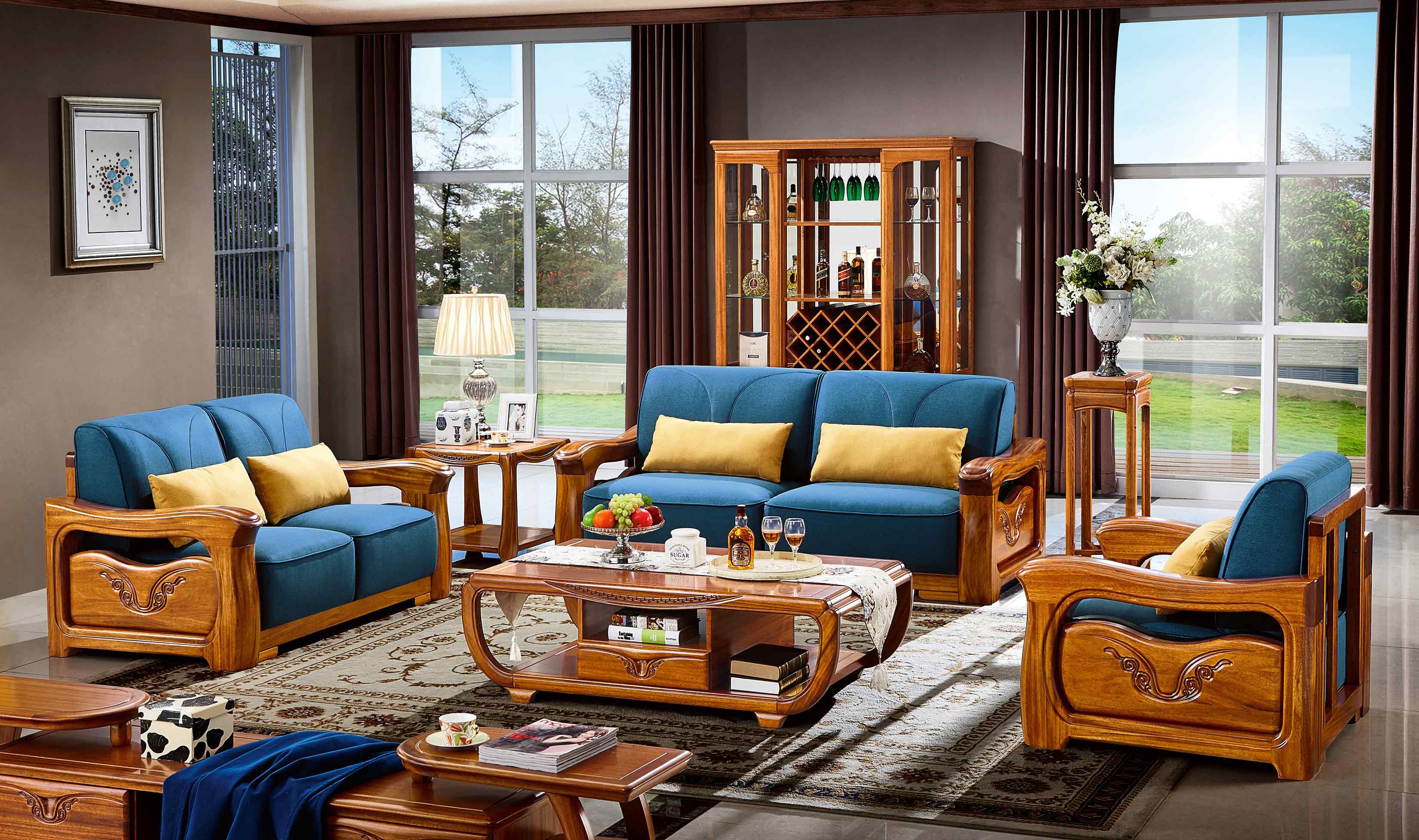 实木新中式沙发刺猬紫檀仿古红木客厅组合家具花梨木沙发六件套