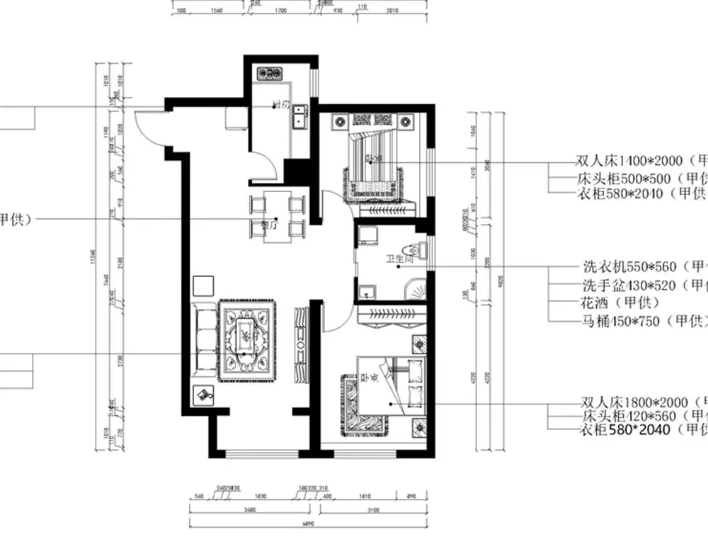 本案是北寧灣兩室兩廳一廚一衛92平米戶型