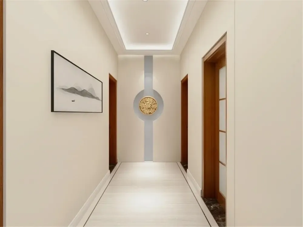 客厅顶面做的是回字形吊顶,客厅较大 中间坐了一圈石膏线.