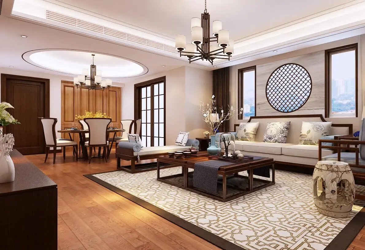 方案定义为中式风格,地面通铺木地板,通过墙面及顶面简单大方的造型