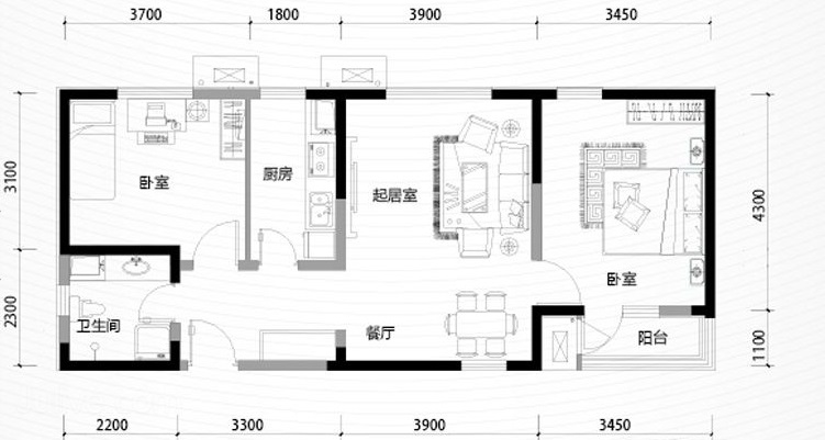 沽上江南槿棠二居室现代简约