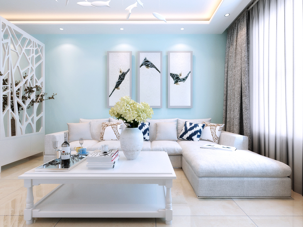 装修效果,个性化的吊顶,天蓝色乳胶漆墙面与白色的家具和墙面相搭配
