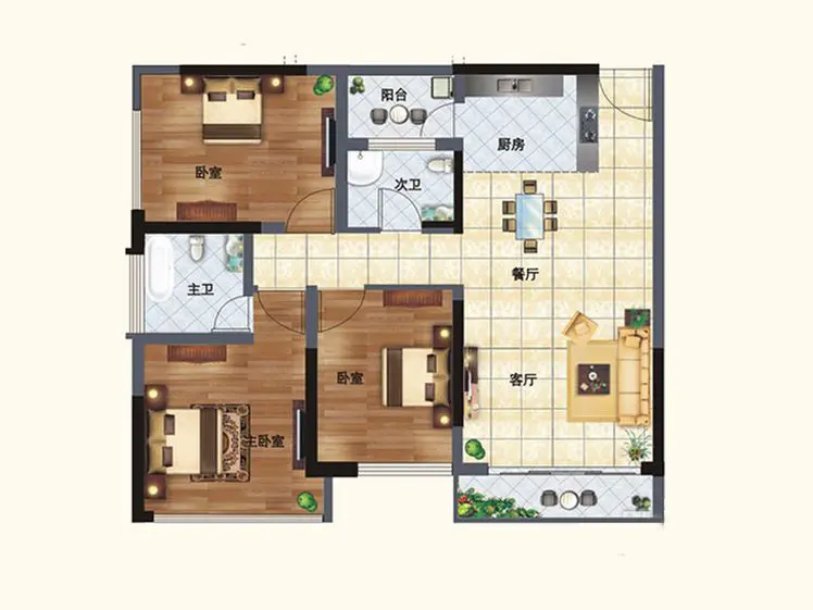 江悦蓝湾80平米三居室新中式风格户型图