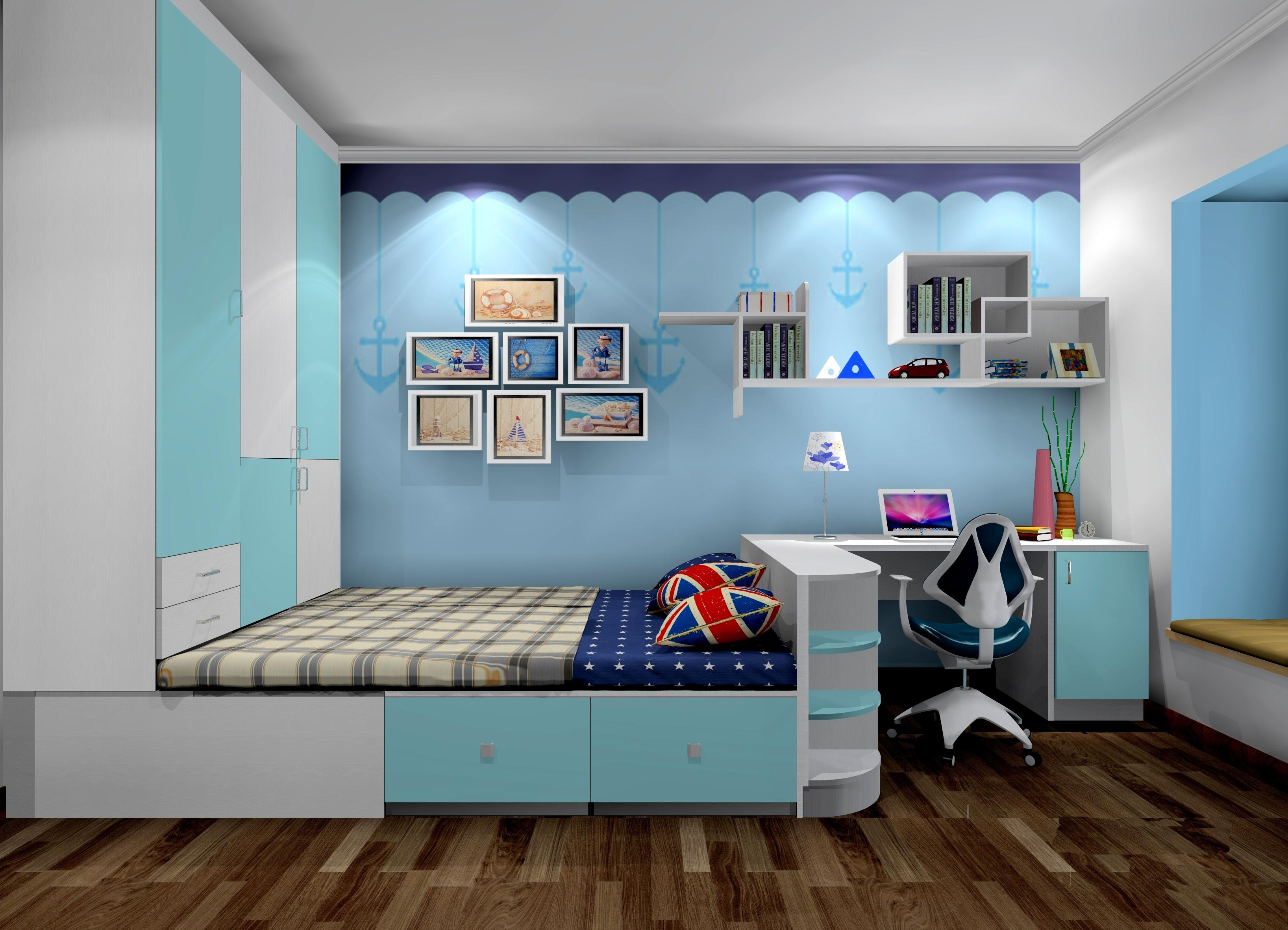 儿童房方案设计二:包含衣柜,床,书桌,吊柜