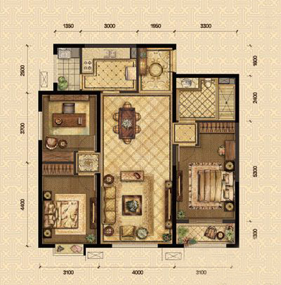 富力华庭中式古典风格三室两厅127平